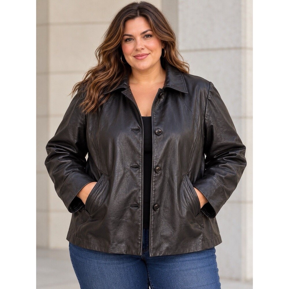 N.Y.D.A. Womens 2X Black Genuine Leather Jacket Button Front Plus Size Coat